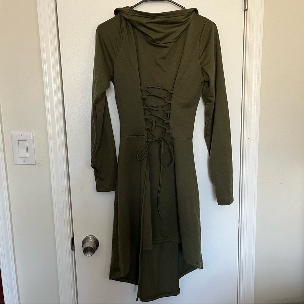 Womens Renaissance Costumes Hooded Robe Lace Up High Low Long Hoodie Dress Cloak